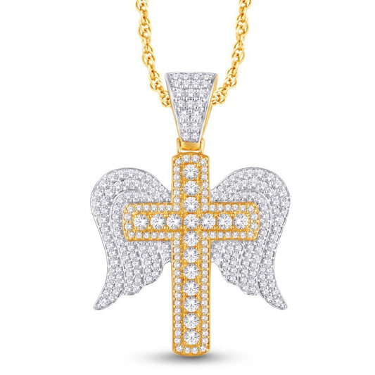 10 Karat Two-Tone (Yellow and White) Gold 2.33 Carat Diamonds Latin Cross With Wings HipHop Pendant-1025520-YW