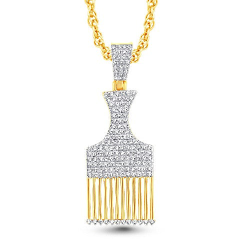 10 Karat Yellow Gold 0.48 Carat Diamonds African Afro Hair Pick Comb HipHop Pendant-1025647-YG