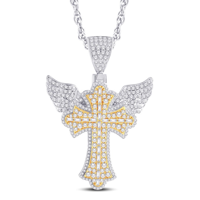 10 Karat Two-Tone (White and Yellow) Gold 2.31 Carat Diamonds Latin Cross with Wings HipHop Pendant-1026310-WY