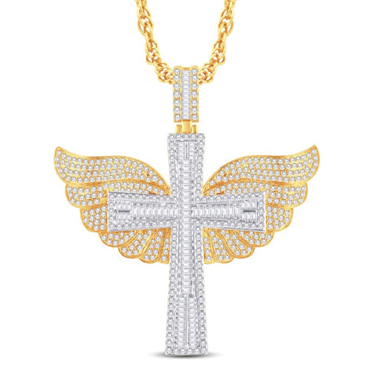 10 Karat Two-Tone (Yellow and White) Gold 5.47 Carat Diamonds Latin Cross with Wings HipHop Pendant-1026313-YW