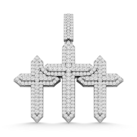 10 Karat White Gold 3.00 Carat Diamonds Three Cross HipHop Pendant-1030028-WG