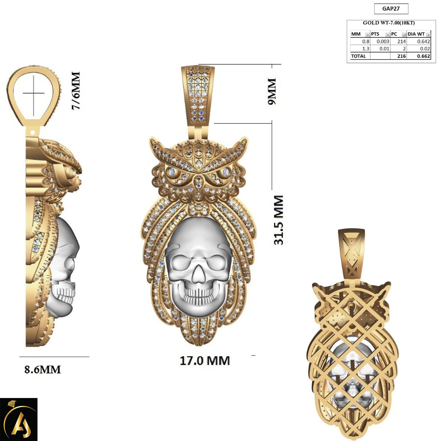 10 Karat Two-Tone (Yellow and White) Gold 0.66 Carat Diamonds Owl HipHop Pendant-1050041-YW