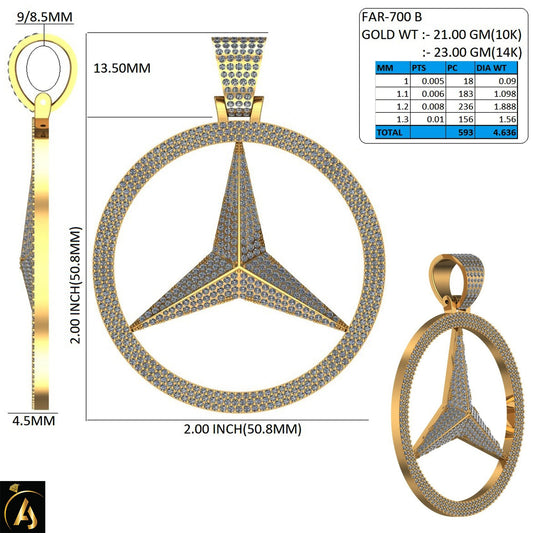 10 Karat Yellow Gold 4.64 Carat Diamonds Mercedes Benz HipHop Pendant-1050046-YG