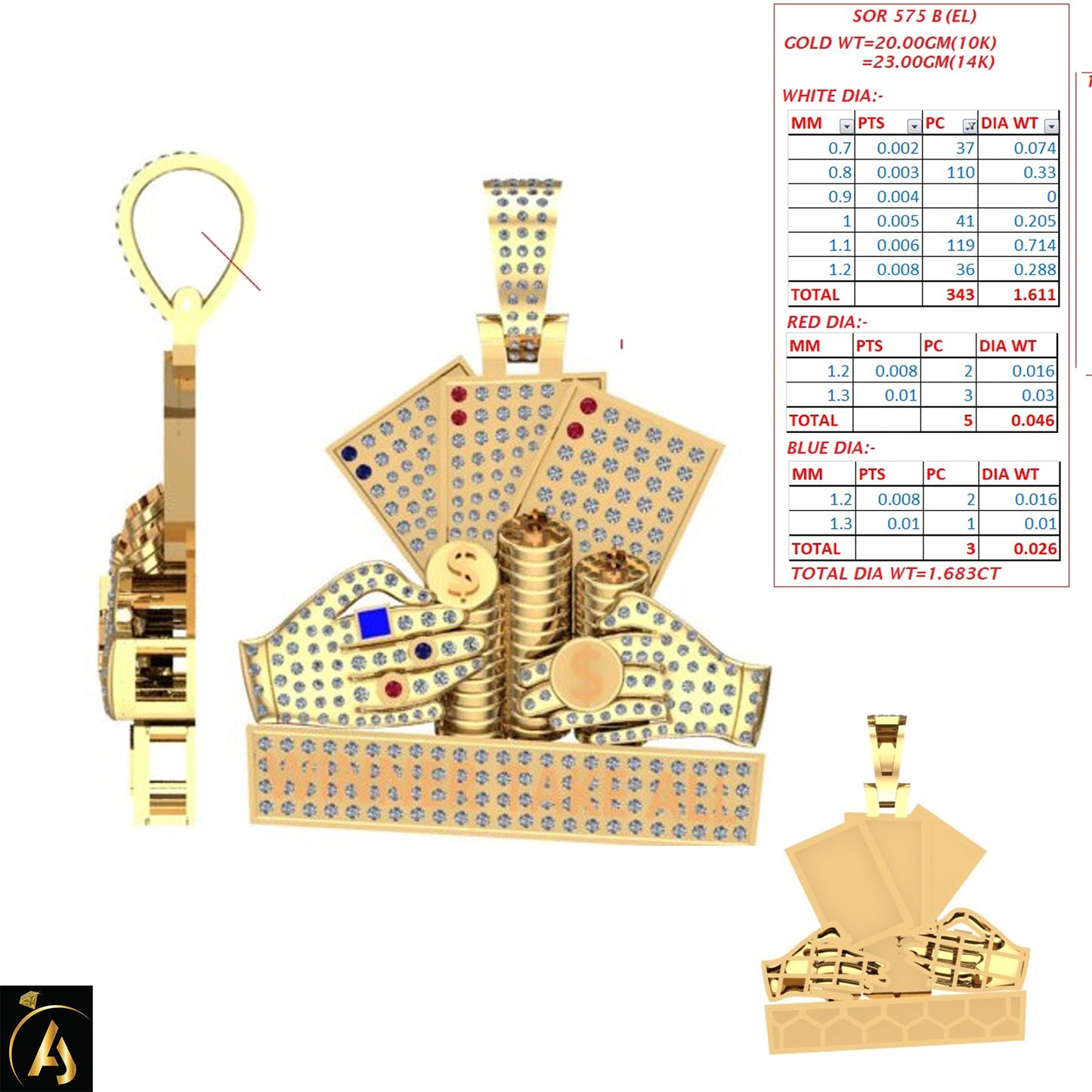 10 Karat Two-Tone (Yellow and White) Gold 1.68 Carat Diamonds Gambling HipHop Pendant-1050067-YW